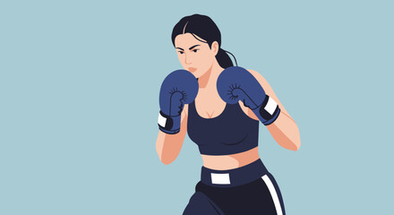 Fototapeta premium Flat vector woman boxing with gloves in ready stance