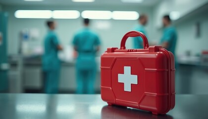 Red first aid kit on table. Blurred background medical staff in hospital. Healthcare treatment and emergency concept. First aid, medical supplies, healthcare professionals, patient care at hospital.