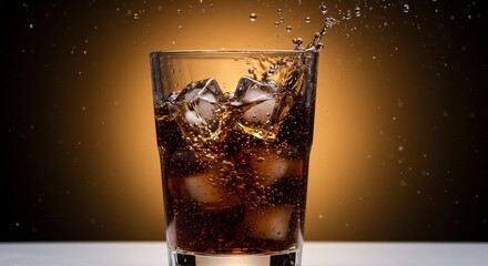Ice Cubes Dropping into a Glass of Cola with Fizzy Bubbles Rising in Slow Motion
