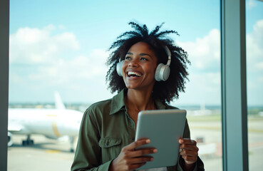 Happy black woman at airport listens to music, enjoys trip vacation. Female with tablet, headphones uses digital app. Smiling girl waits for flight, enjoys business travel, conference convention.
