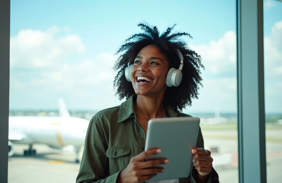 Happy black woman at airport listens to music, enjoys trip vacation. Female with tablet, headphones uses digital app. Smiling girl waits for flight, enjoys business travel, conference convention.