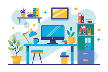 Colorful and Creative Workspace Illustration Design Featuring a Desk, Computer, Bookshelf, and Potted Plants in a Flat Style