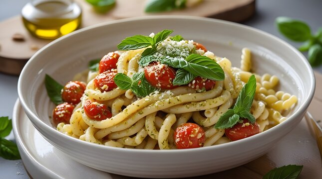 A vibrant gourmet dish featuring helical busiate pasta topped with creamy Sicilian red pesto.