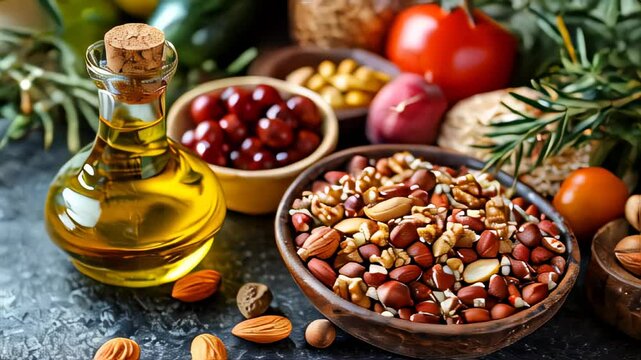 Nuts tomatoes olives and other fruits and vegetables mediterranean diet food background