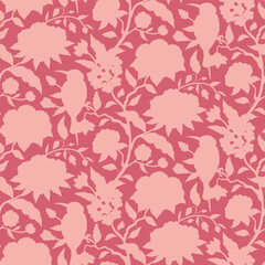 Seamless pattern with monochrome pastel pink chinoiserie hand drawn flowers and birds silhouettes. Floral wallpaper with chinese style trailing branches
