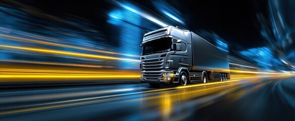 The fast-moving truck in a vibrant urban nightscape with light trails.