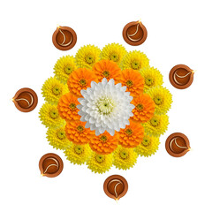 Treditional flower rangoli with diyas for indian festivals, isolated on transparent background 