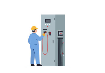 Electrician performs a panel check, inspecting electrical equipment. Professional setting, clear focus, detailed illustration. Suitable for technical or industrial themes.