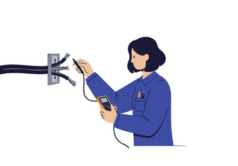 A female electrician uses a multimeter to check wiring at an electrical outlet. Professional, detailed illustration. Suitable for technical, electrical, and safety themes.