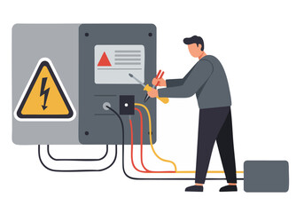 An electrician repairs an electrical panel with a warning sign. Focused action shot, showcasing electrical work. Professional, clear, and informative.