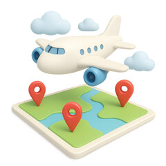Airplane above map: A cute 3D rendering of an airplane flying above a map with location pins, symbolizing travel and journey.