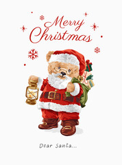 Merry Christmas slogan with cute bear doll in Santa Claus costume vector illustration  hand drawn - not auto trace