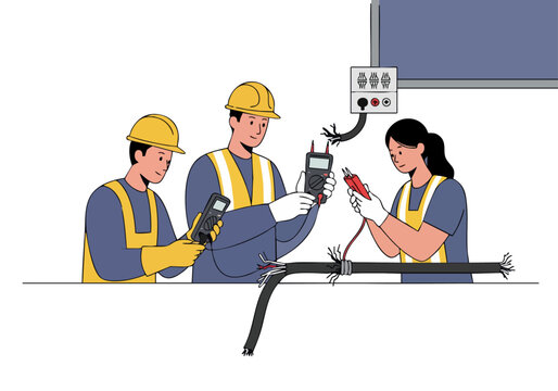 Electricians inspect electrical wiring with multimeters. A team of professionals work collaboratively, showcasing safety and technical expertise. Modern industrial setting.