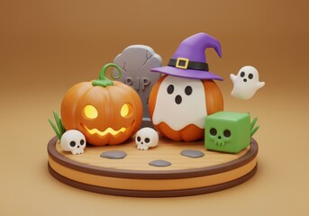 Naklejka premium Cute halloween pumpkins ghost and skulls 3d render
