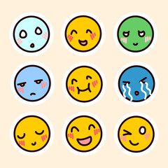 Set of cute colorful emoji faces with various emotions. Hand drawn style smileys with blush cheeks on pastel background. Perfect for stickers, chat, kids designs and digital messages