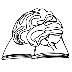 Open book with human brain one line art drawing 