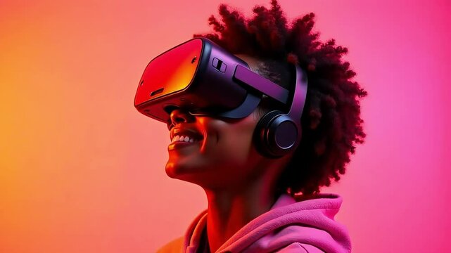 African American Woman in VR Headset with Neon Lighting Portrait