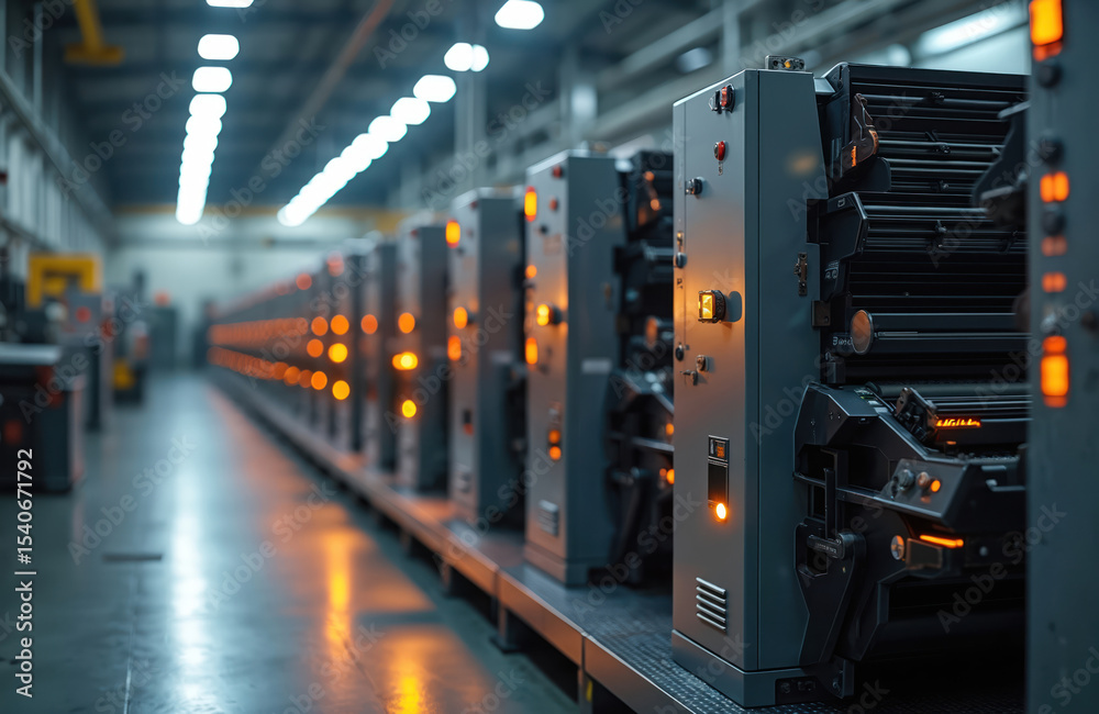 Aufkleber Row high-tech printing press machines with glowing controls industrial printing facility. Modern print technology equipment. Innovation automation, efficiency in workflow, manufacturing process.