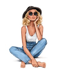 Hand drawn beautiful fashion woman in hat. Stylish young woman sitting. Pretty girl in sunglasses. Fashion illustration 