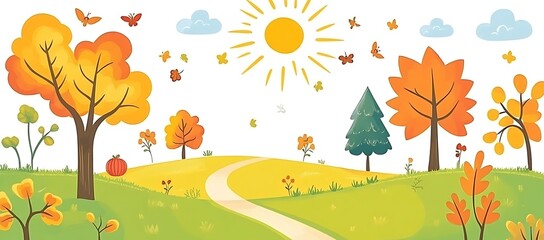 Cartoon forest landscape with trees and green grass, sunny day