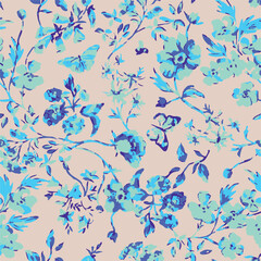 Floral seamless pattern with big flowers and Vector illustration.seamless floral watercolor pattern with garden pink, flowers roses, leaves, branches. Botanic tile, background.