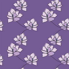 Hand drawn lilac flower seamless pattern vector. Contour illustration. Abstract outline botanical backdrop. Line continuous wallpaper, violet cartoon background, fabric, textile, minimal print.