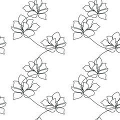 Hand drawn flower seamless pattern vector. Contour illustration. Abstract outline botanical backdrop. Line continuous wallpaper, cartoon background, fabric, textile, minimal print.