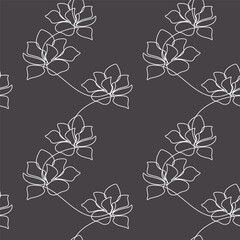 Hand drawn illustration. Black and white flower seamless pattern vector. Abstract outline botanical backdrop. Line continuous wallpaper, monochrome cartoon background, fabric, textile, minimal print