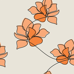 Hand drawn illustration. Orange flower seamless pattern vector. Abstract outline botanical backdrop. Line continuous wallpaper, beige cartoon background, fabric, textile, minimal print.