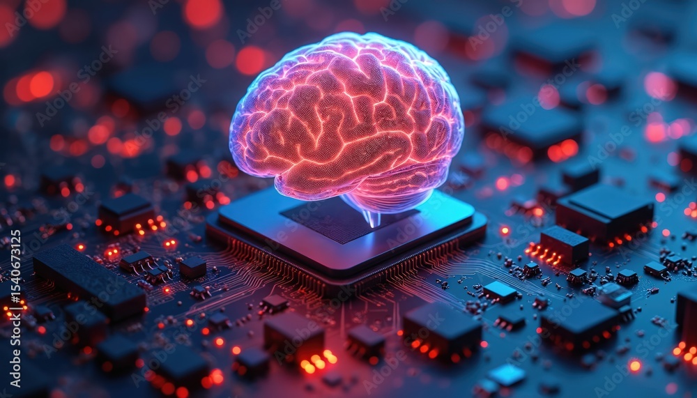 Aufkleber Futuristic image brain integrated advanced tech computer motherboard. Artificial intelligence, neurotechnology, data transfer, innovation. Digital transformation, tech.