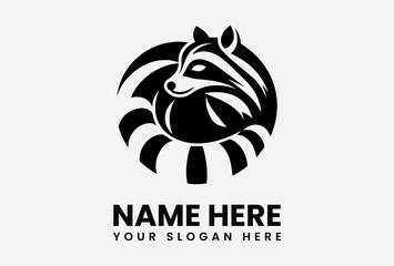 Stylized raccoon head logo design, black and white, circular emblem.