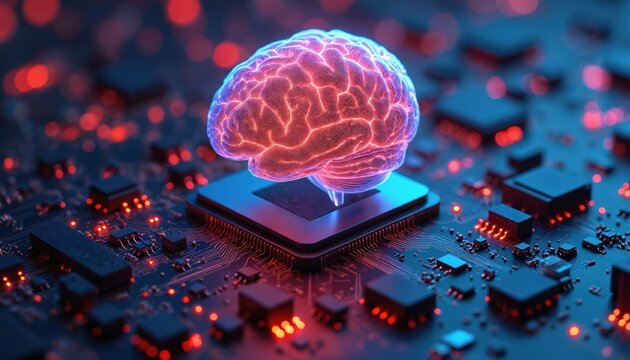 Futuristic image brain integrated advanced tech computer motherboard. Artificial intelligence, neurotechnology, data transfer, innovation. Digital transformation, tech.