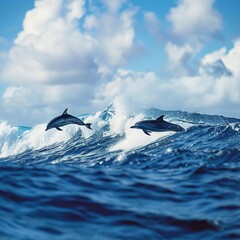 Fototapeta premium Playful dolphins jumping on the water