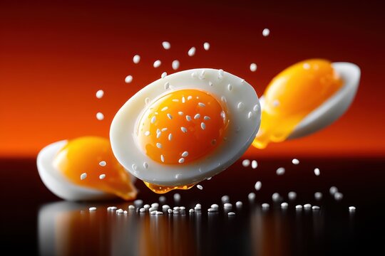 Three halved, floating eggs with sesame seeds