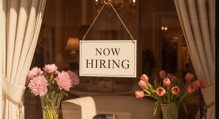 "Now Hiring" sign in an upscale boutique window on a sunny day. Cinematic shot of an elegant serif sign framed by soft curtains and muted flowers. Sunlight on glass is bright and inviting.