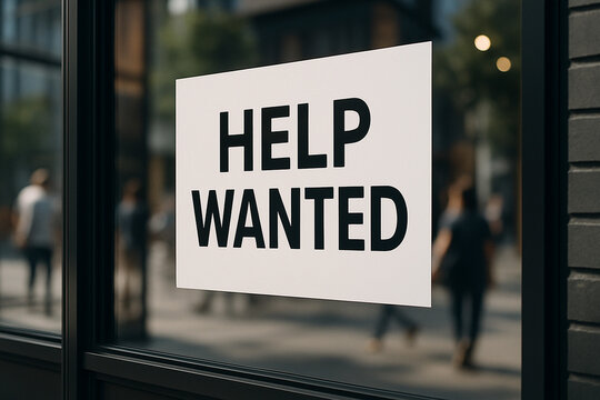 "Help Wanted" sign in a classic black and white storefront window. A timeless and direct message displayed in an inviting, traditional setting.
