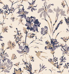 Floral seamless pattern with big flowers and Vector illustration.seamless floral watercolor pattern with garden pink, flowers roses, leaves, branches. Botanic tile, background.