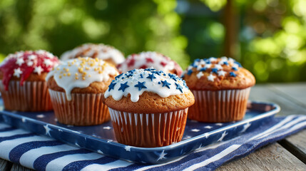 Red, White, and Blue Muffins on Stars and Stripes Tray – Patriotic Icing under Maple Tree in Morning Sunshine