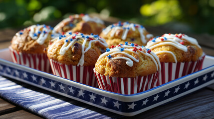 Red, White, and Blue Muffins on Stars and Stripes Tray – Patriotic Icing under Maple Tree in Morning Sunshine