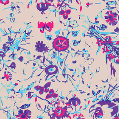 Floral seamless pattern with big flowers and Vector illustration.seamless floral watercolor pattern with garden pink, flowers roses, leaves, branches. Botanic tile, background.