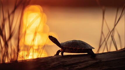 Turtle Silhouette at Sunset Over Water