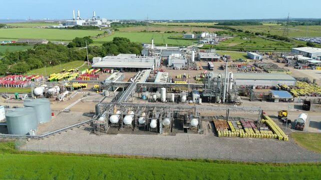 Aerial drone shot of BOC gas production facility with gas cylinders and piping industrial manufacturing energy generation Immingham UK