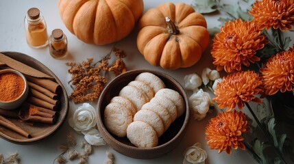 Fototapeta premium Pumpkins and Cookies Autumn Decor with Flowers and Spices for Seasonal Celebration