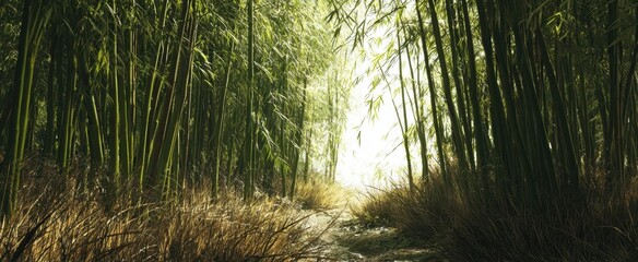 Fototapeta premium The serene bamboo forest with a pathway leading to bright sunlight.