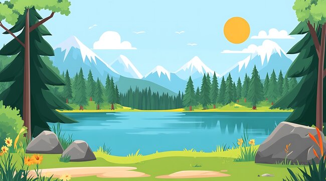 A beautiful cartoon vector illustration of a forest, with trees and a lake
