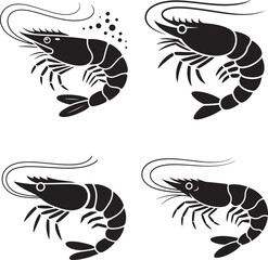 Fototapeta premium Shrimp Silhouette Vector Set – Black and White Prawn Icons for Seafood and Marine Design
