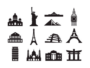 Unveil a Captivating Set of Landmark Silhouette Vector Icons for Travel Design, Global Architecture Illustration, and Cultural Decor Projects on Adobe Stock Marketplace