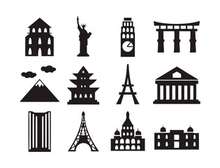 Fototapeta premium Iconic Black Landmark Silhouette Vector Set for Travel and Architecture Design Projects