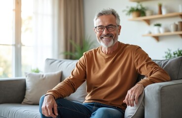 Fototapeta premium Smiling mature man relaxing on couch indoors. Happy senior in eyeglasses smiles at camera. Elderly man enjoying home comfort. Portrait of adult, aged man at home. Positive vibes, retirement, leisure.