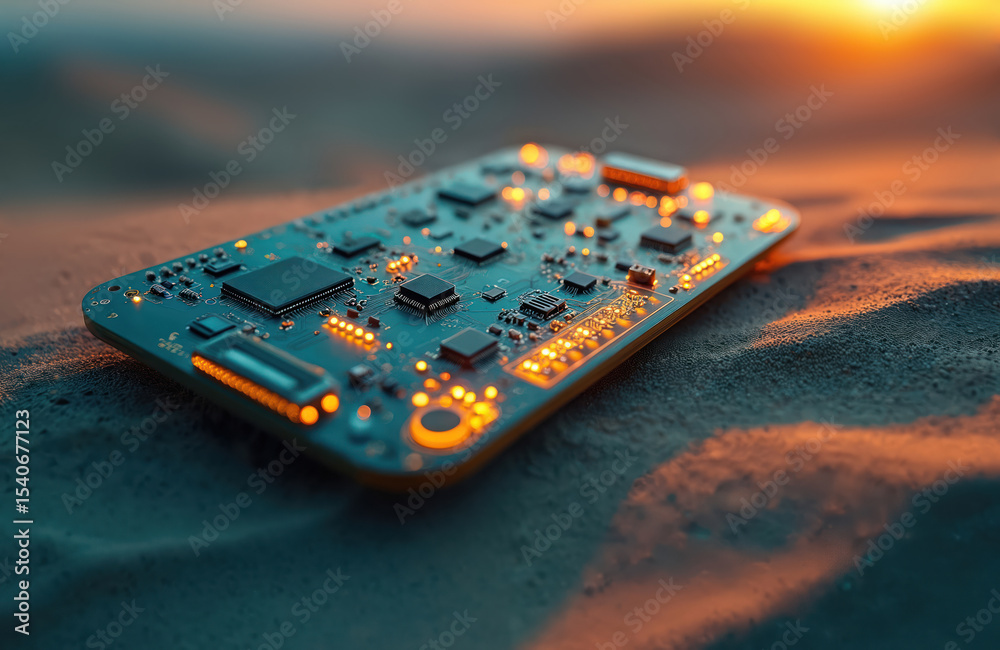 Poster Glowing circuit board embedded desert landscape represents tech advance. Futuristic electronic components set against sunset sand. Digital technology innovation. Modern computing systems.